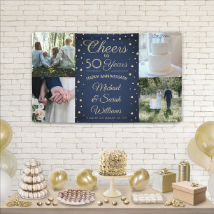 Any Year Anniversary 4 Photo Navy Blue Golden 50th Banner
