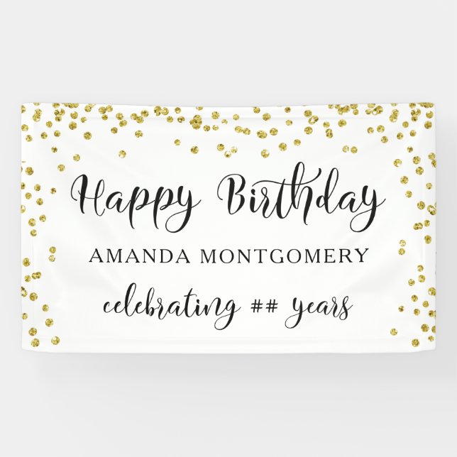 Any Year Birthday Confetti Script Black and Gold Banner (Horizontal)