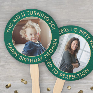 Any Year Birthday Elegant Green Gold 2 Photo 50th Hand Fan