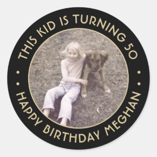 Any Year Birthday Photo Elegant Black & Gold 50th Classic Round Sticker