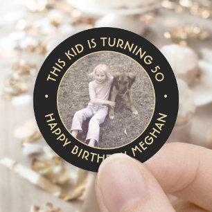 Any Year Birthday Photo Elegant Black & Gold 50th Classic Round Sticker