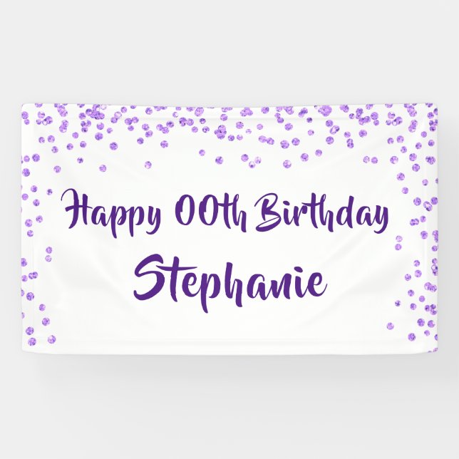 Any Year Birthday Purple Confetti Brush Script Banner (Horizontal)