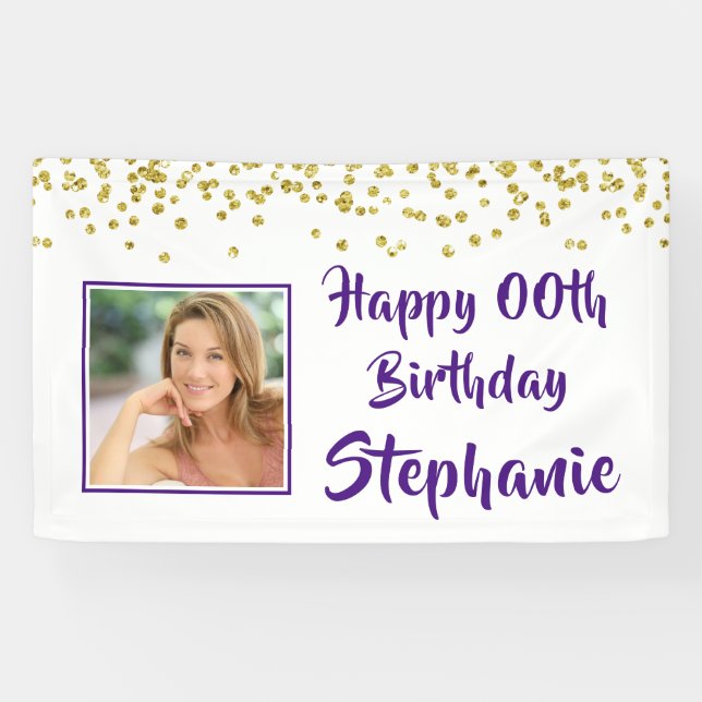 Any Year Birthday Purple Gold Confetti Photo Banner (Horizontal)