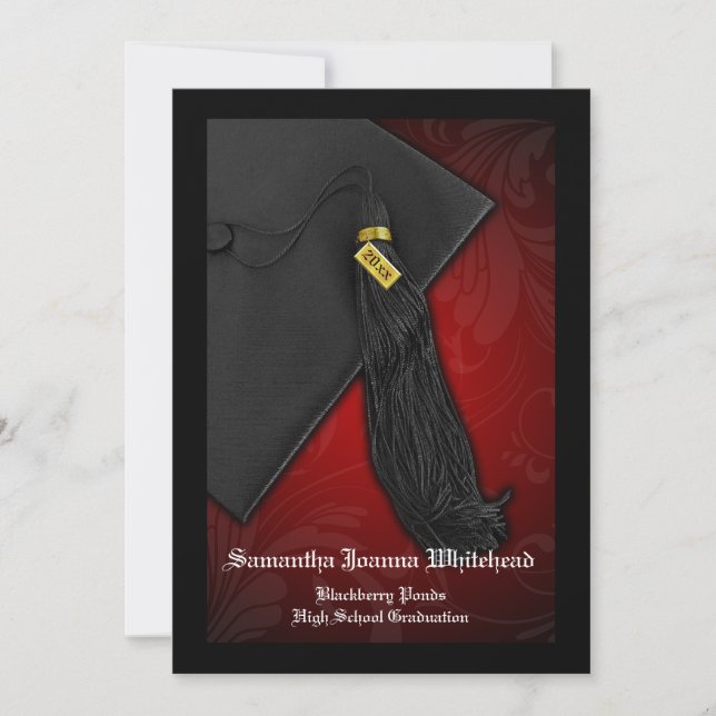 Any Year Black and Red Tassel Charm 5x7 Graduation Invitation (Front)