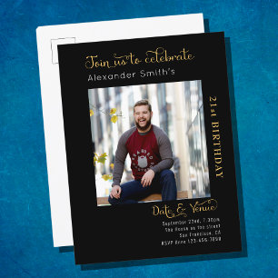 Any Year Black Gold Photo Birthday Invitation Postcard