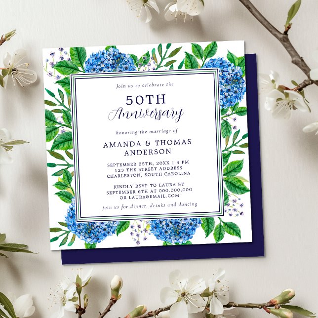 Any Year Blue Hydrangea 50th Wedding Anniversary Invitation (Front / Back)