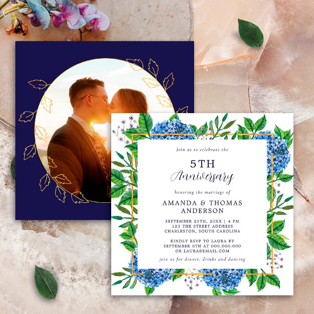 Any Year Blue Hydrangea Wedding Photo Anniversary Invitation (Creator Uploaded)
