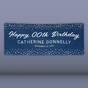Any Year Blue Silver Happy Birthday Banner