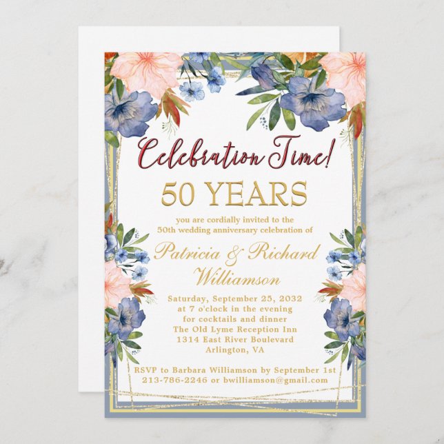 Any Year Chic Floral Gold Wedding Anniversary Invitation (Front/Back)