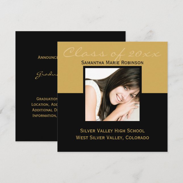 Any Year~ Gold/Black Modern Square Graduation Invitation (Front/Back)