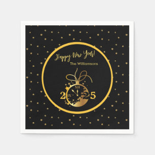 Any Year Happy New Year's Black Gold Clock Napkin