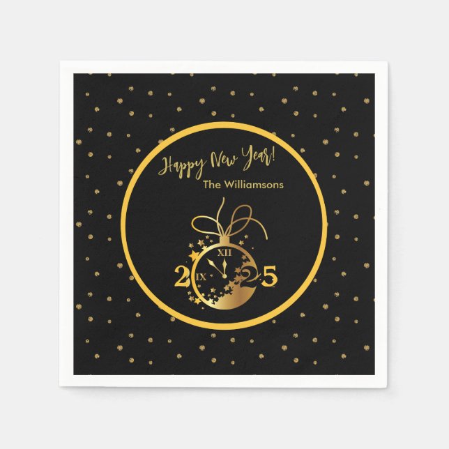 Any Year Happy New Year's Black Gold Clock  Napkin (Front)