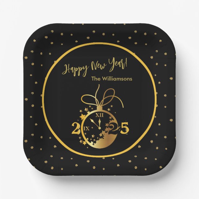 Any Year Happy New Year's Black Gold Clock  Paper Plate (Front)