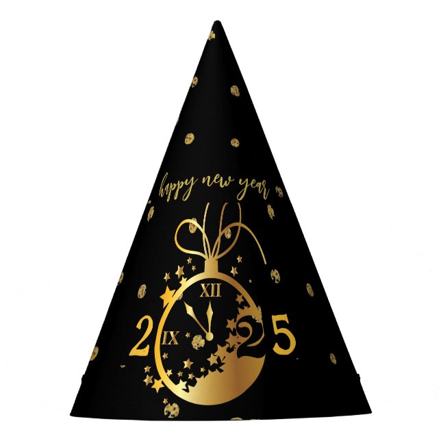 Any Year Happy New Year's Black Gold Clock  Party Hat (Front)