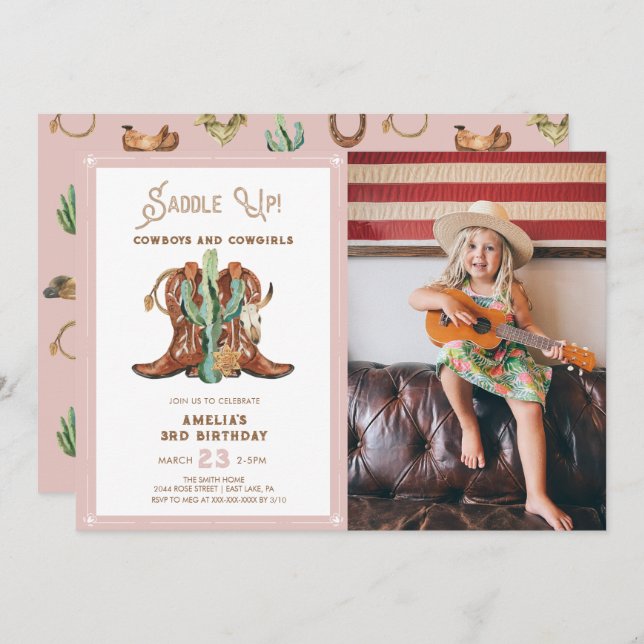 Any Year Pink  Western Cowgirl Birthday Invitation (Front/Back)