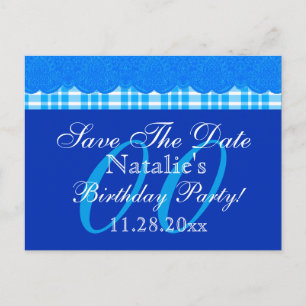 ANY YEAR Save the Date Birthday Blue Lace Plaid V7 Announcement Postcard