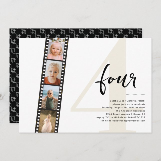 Any Year | Simple 4 Filmstrip Photo Birthday Party Invitation (Front/Back)