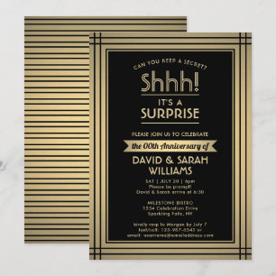 ANY YEAR Surprise Anniversary Elegant Black & Gold Invitation