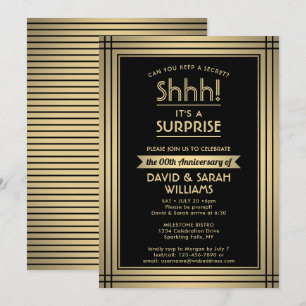 ANY YEAR Surprise Anniversary Elegant Black & Gold Invitation