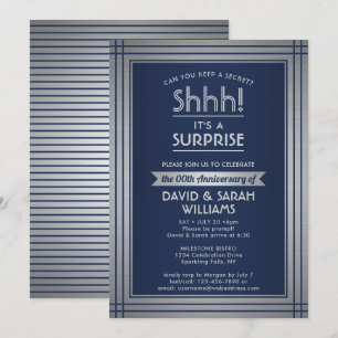 ANY YEAR Surprise Anniversary Navy Blue and Silver Invitation