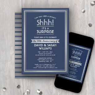 ANY YEAR Surprise Anniversary Navy Blue and Silver Invitation