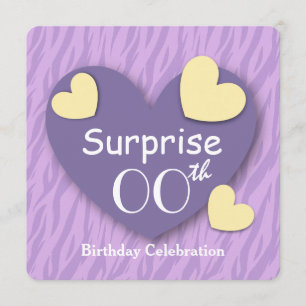 Any Year SURPRISE Birthday Purple Zebra Hearts V02 Invitation