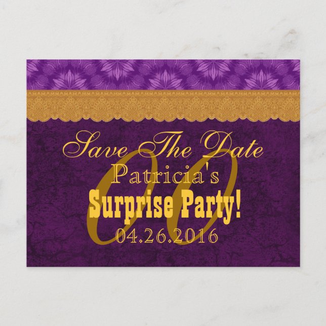 Any Year SURPRISE Birthday Save the Date Purple a1 Announcement Postcard (Front)