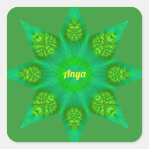 ANYA ~WOW! Octagonal Green Star Fractal Design ~  Square Sticker