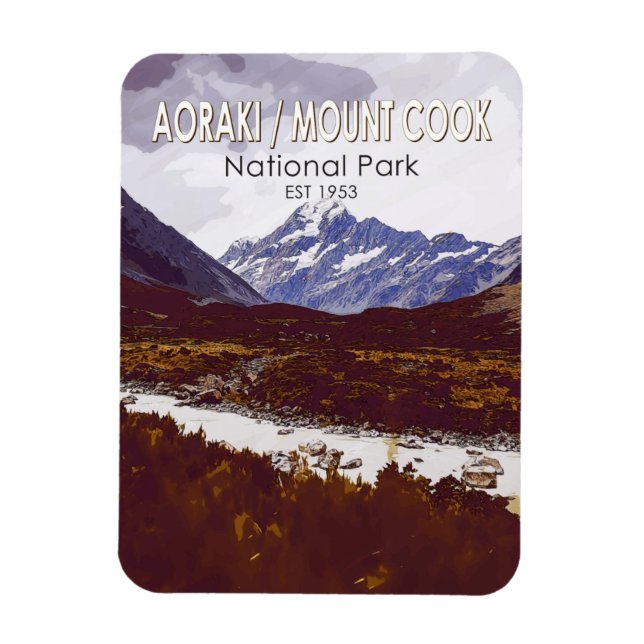Aoraki Mount Cook National Park New Zealand Retro  Magnet (Vertical)