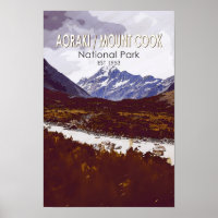 Aoraki Mount Cook National Park New Zealand Retro