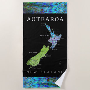 AOTEAROA NEW ZEALAND MAP FERN PAUA BEACH TOWEL