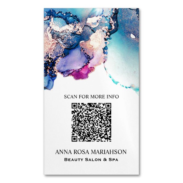 *~* AP29 QR Abstract Turquoise Teal Gold Gilded Magnetic Business Card (Front Vertical)