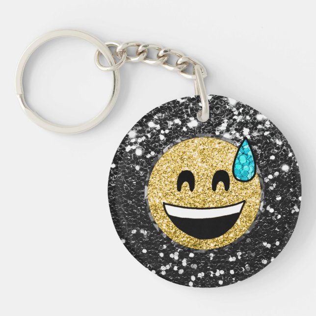 *~* AP40 Grinning QR Face Sweat  Emoji Glitter Key Ring (Front)