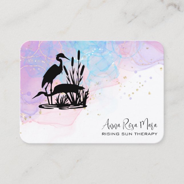 *~* AP46 QR Ethereal Beach Marsh Heron Elegant Business Card (Front)