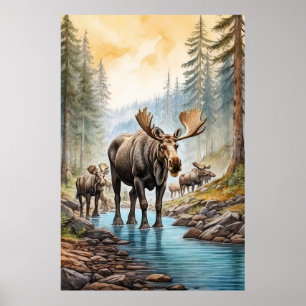 *~* AP49 MOOSE Herd Stream Nature Forest  Poster