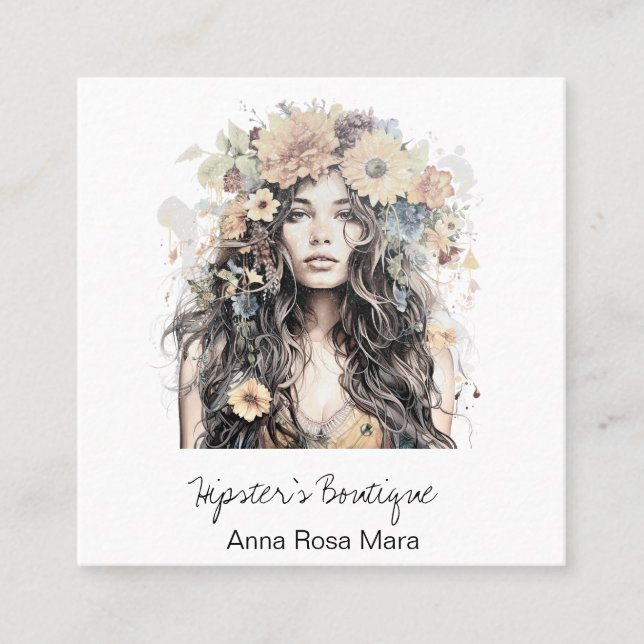 *~* AP57 Orange Boho QR Flowers Hair Hippie Girl  Square Business Card (Front)
