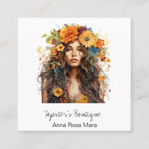*~* AP57 QR Orange Boho Flowers Hair Hippie Girl Square Business Card