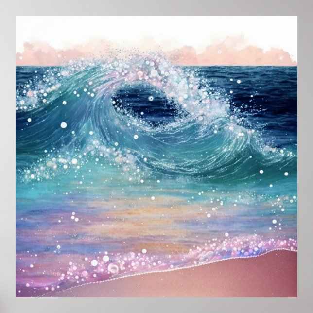 *~* AP60 Coastal Sea Ocean Wave Sand Beach Glitter Poster (Front)