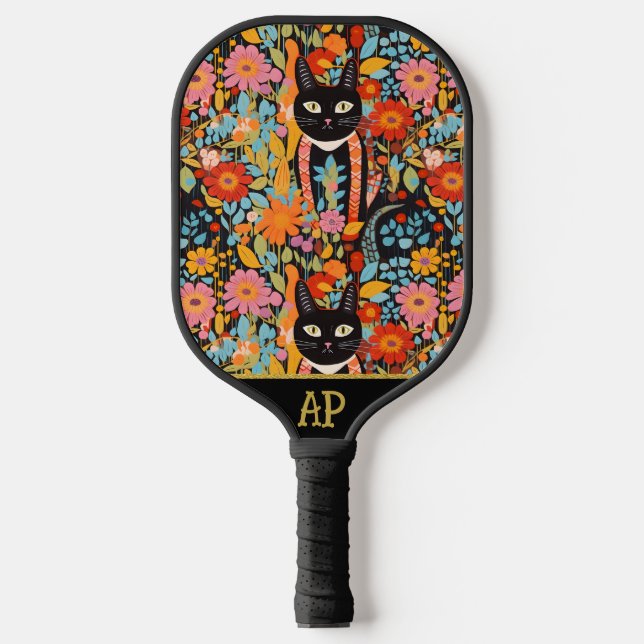 *~* AP68 Floral Whimsical Quirky Cat PHOTO 5 Pickleball Paddle (Front)