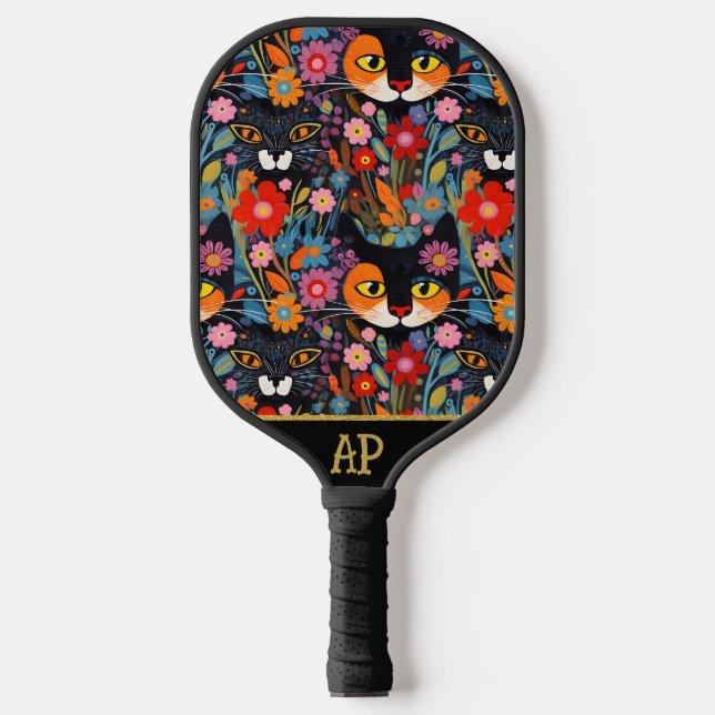 *~* AP68 Floral Whimsical Quirky Cat PHOTO 8 Pickleball Paddle (Front)