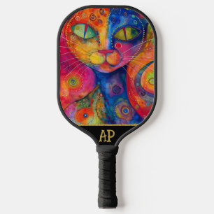 *~* AP68 Whimsical Quirky Cat Vibrant Colourful 8 Pickleball Paddle