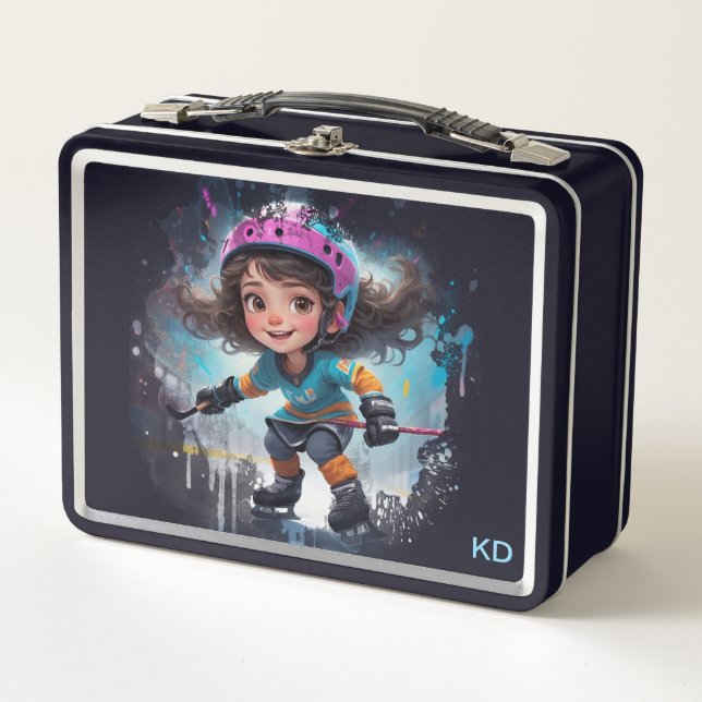 *~* AP94   Ice Hockey Girl Player Cute 22 Initials Metal Lunch Box (Front)