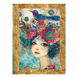 *~  AP95 Whimsical Woman Floral  Gold  Glitter art Photo Print
