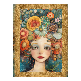 *~  AP95 Whimsical Woman Flowers Gold  Glitter art Photo Print