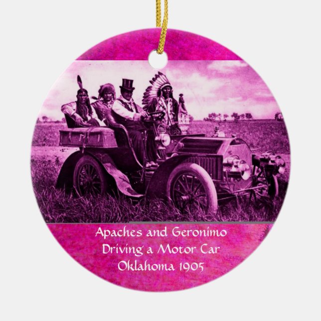 APACHES AND GERONIMO DRIVING A MOTOR CAR CERAMIC ORNAMENT (Front)