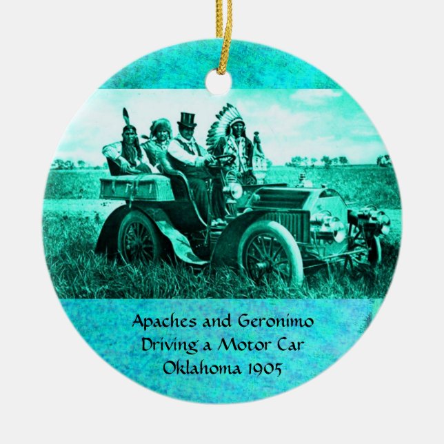 APACHES AND GERONIMO DRIVING A MOTOR CAR CERAMIC ORNAMENT (Front)