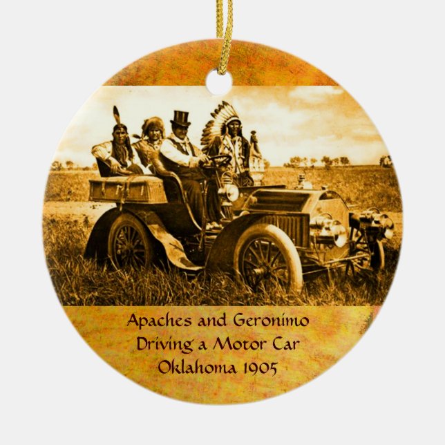 APACHES AND GERONIMO DRIVING A MOTOR CAR CERAMIC TREE DECORATION (Front)