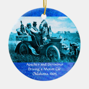 APACHES AND GERONIMO DRIVING A MOTOR CAR CERAMIC TREE DECORATION