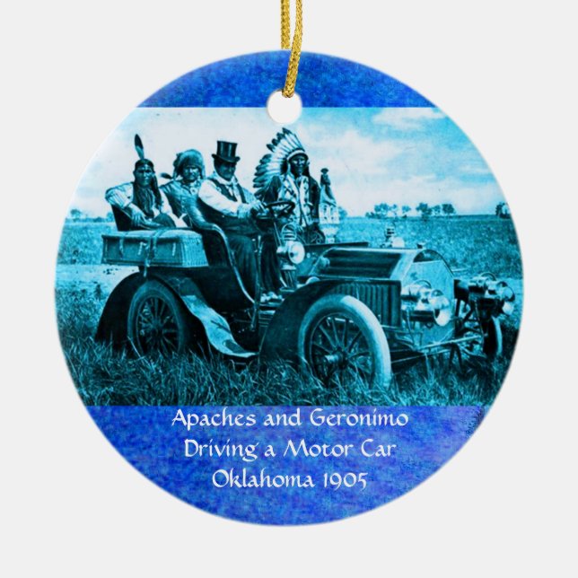 APACHES AND GERONIMO DRIVING A MOTOR CAR CERAMIC TREE DECORATION (Front)