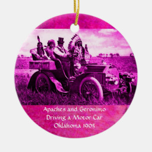 APACHES AND GERONIMO DRIVING A MOTOR CAR CERAMIC TREE DECORATION